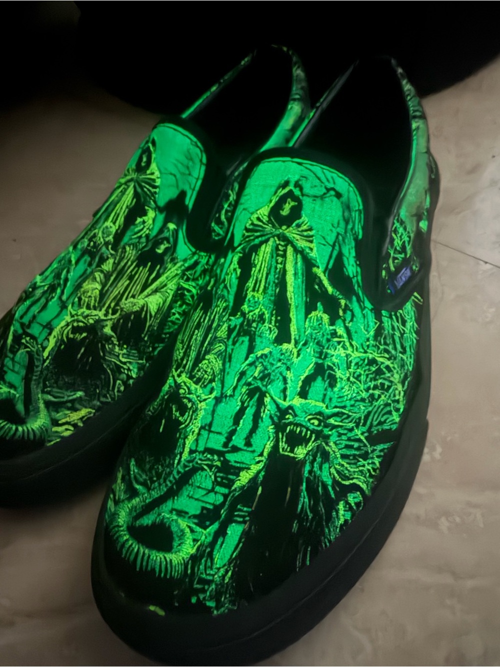 Vans Green and Black reaper green glow in the dark Halloween slip on shoe